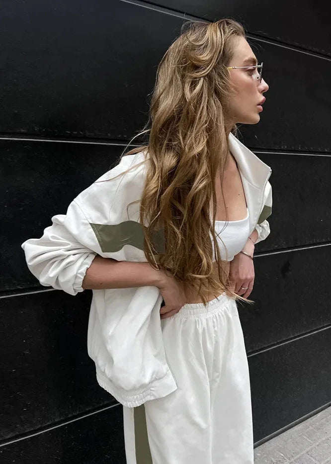 Urban Edge - Contrast Zip-up Jacket and Wide-leg Pants Set
