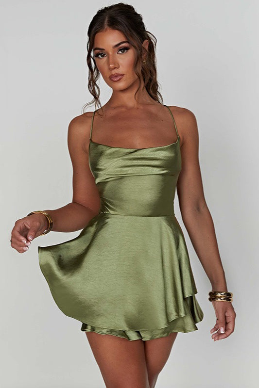 Cowl Neck Backless Tie Strap Mini Dress