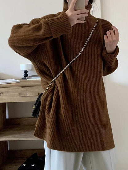 Simple Blue High Neck Split-side Long Sleeve Sweater Qx013