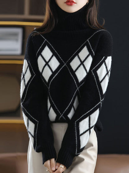 Red High-neck Contrast Color Plaid Long Sleeves Sweater Qx014
