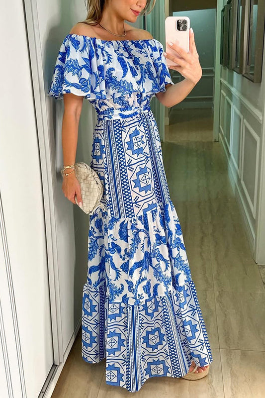 Irene Print Off the Shoulder Belted Ruffle Maxi Dress
