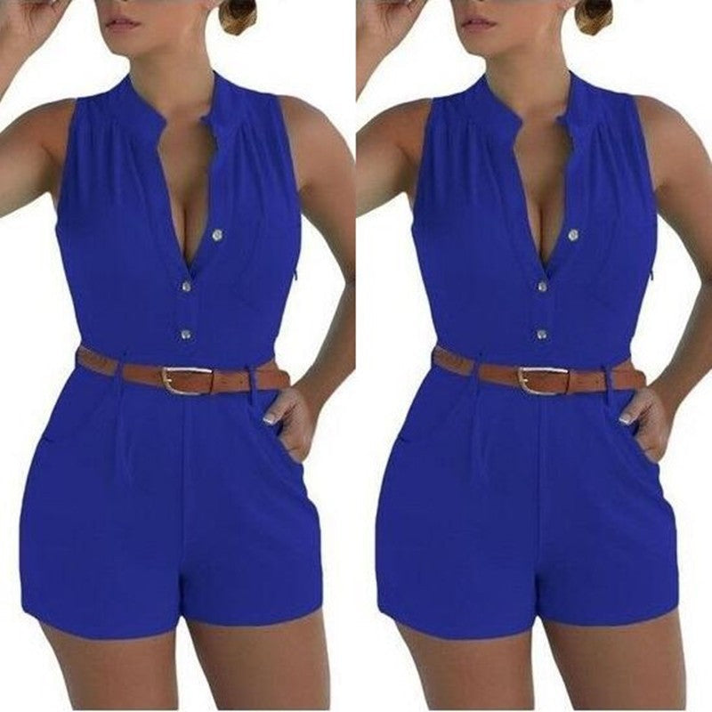 Wear Loose Slim Fit Jumpsuit Shorts With Belt