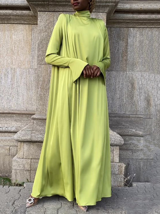 Flared Sleeves Long Sleeves Color High-neck Maxi Dresses