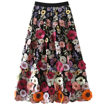 Vacation Elastic Waist Pink Embroidery Patch Tulle Skirt