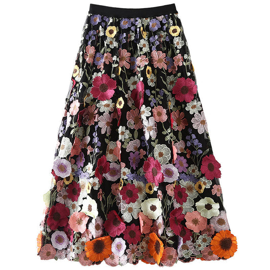 Stylish Black Elastic Waist Embroidery Patch Tulle Skirt
