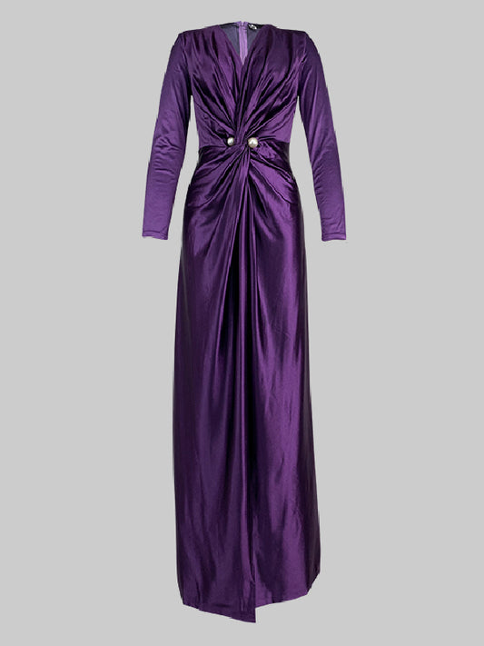 Color Bodycon Long Sleeves Pleated Split-front Tied Waist Deep V-neck Maxi Dresses