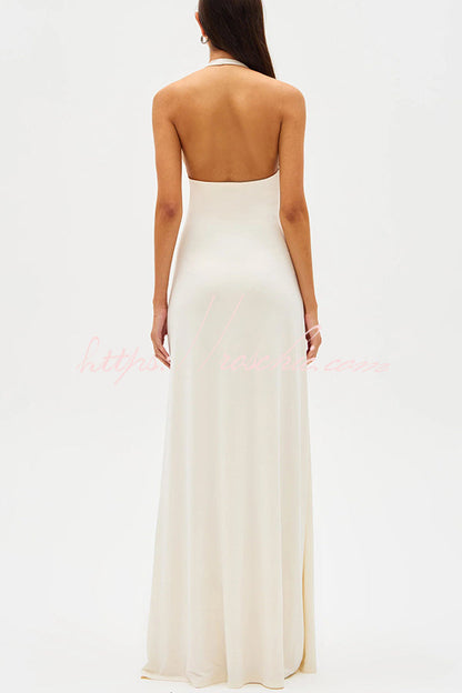 Silhouette Deep U-neck Halter Waterfall Sash Drape Maxi Dress
