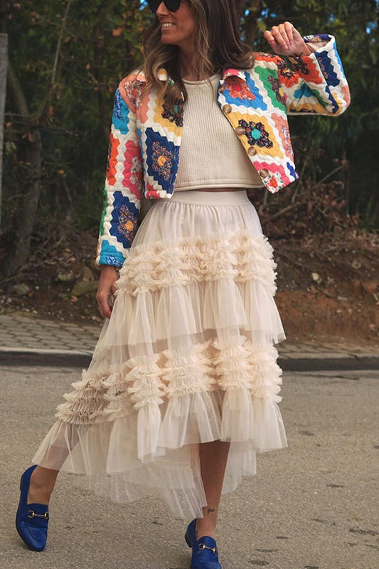 Mood Tulle Pleated Ruffle Elastic Waist Tiered Midi Skirt
