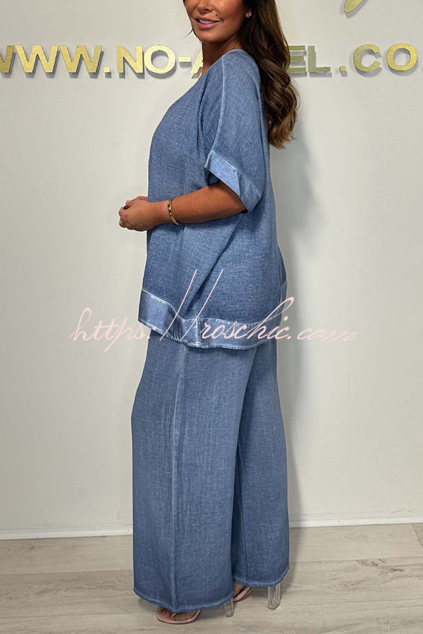 Fashionable V-neck Short-sleeved Loose Top and Elastic Waist Wide-leg Pants Set