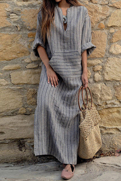 Cotton and Linen Yarn-dyed Striped Loose Long Dress