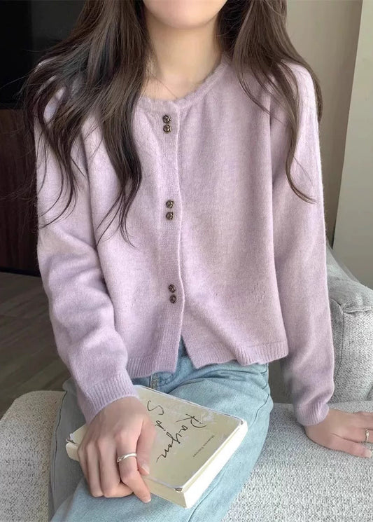 Purple O Neck Button Short Knit Coat Fall Qc040