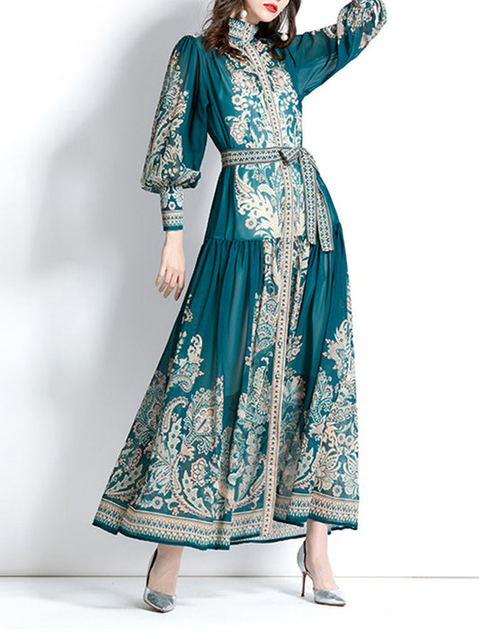 A-line Puff Sleeves Printed See-through Tied Waist Stand Collar Maxi Dresses