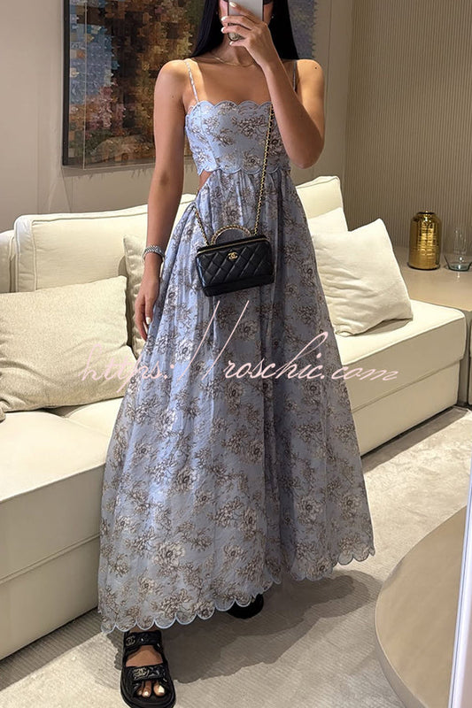 Coralie Print Wavy Trim Cutout Back Smocked Maxi Dress
