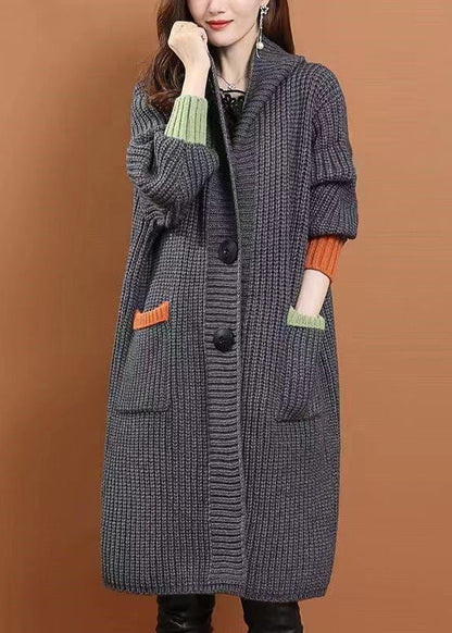 Handmade Grey Pockets Button Cotton Knit Long Hooded Cardigans Winter Wd027