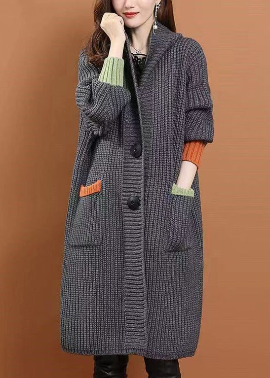 Handmade Grey Pockets Button Cotton Knit Long Hooded Cardigans Winter Wd027