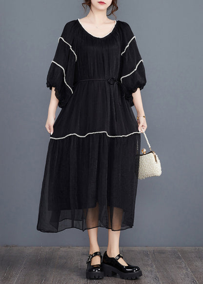 Black Nail Bead Long Dresses Half Sleeve Aj1022