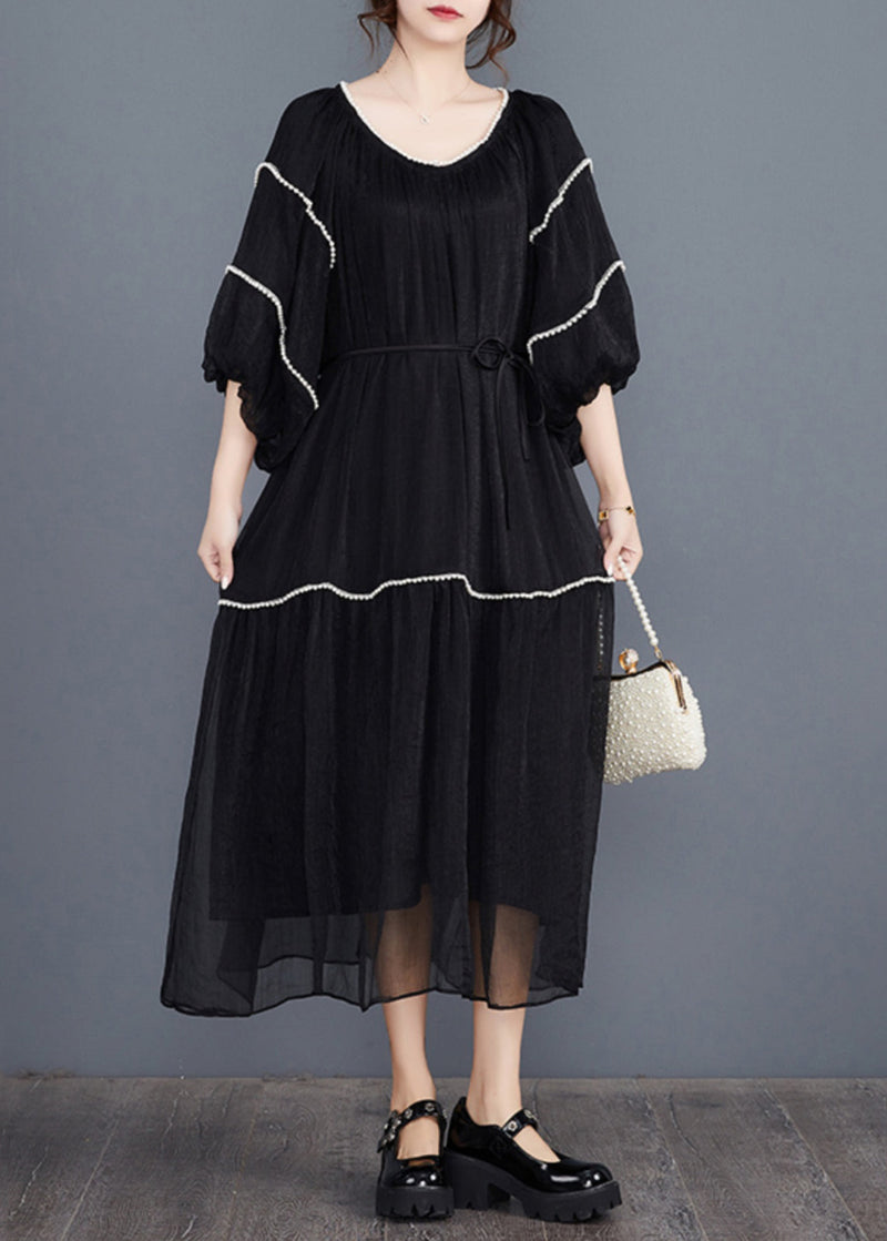 Black Nail Bead Long Dresses Half Sleeve Aj1022