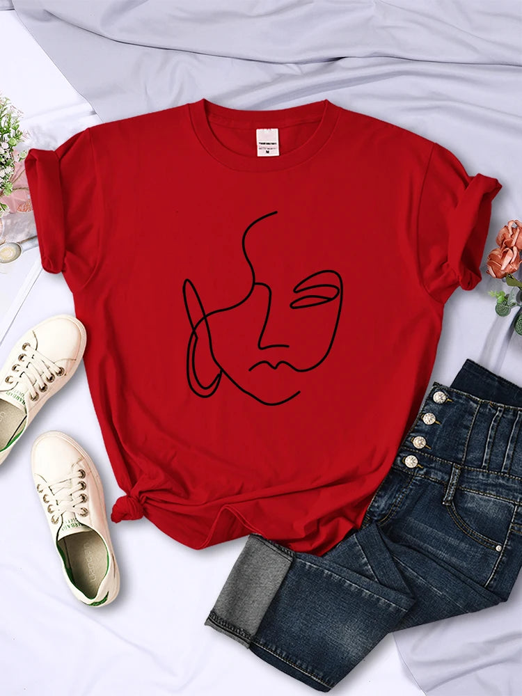 Abstract Simple Stroke Face Prints T-shirts Hip Hop Breathable Short Sleeve Soft Street Tops Female Tee Clothing