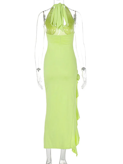 Flower Draped Split Long Dress for Halter Deep V Neck Sleeveless Backless Bodycon Club Party Long Dress