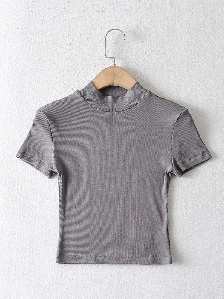 High Neck Fitted Short Sleeve T-shirt Rib Crop Rib Top