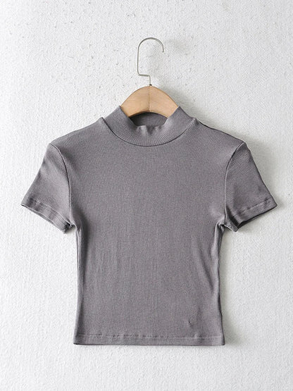 High Neck Fitted Short Sleeve T-shirt Rib Crop Rib Top