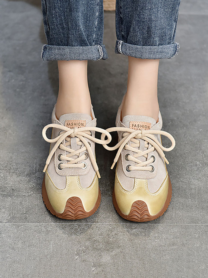 Leather Colorblock Strap Mid Heel Sport Shoes Ba1028