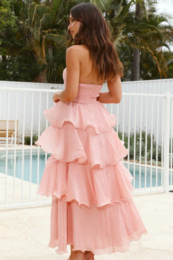 Strapless Backless Tiered Midi Dress