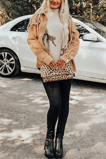 High Neck Side Slit Cheetah Pattern Sweater