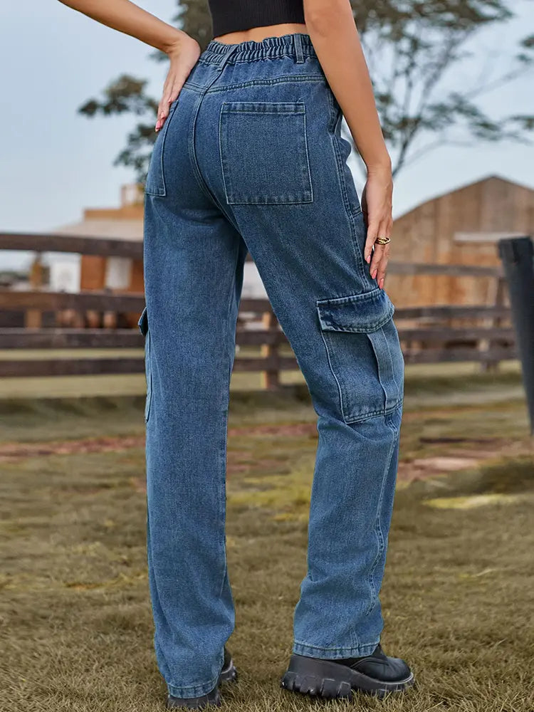 Washed Semi-elastic Denim Cargo Pants