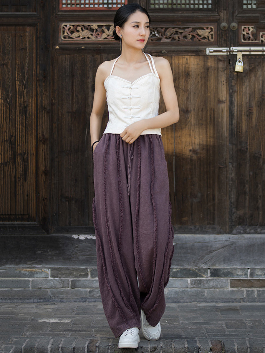Raw-edge Wide-leg Ramie Pants Fd053