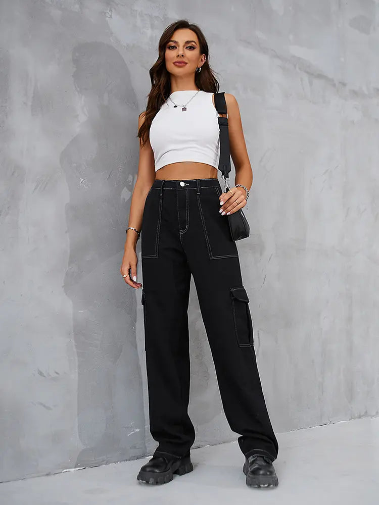 Elastic Waist Relaxed Fit Denim Cargo Pants