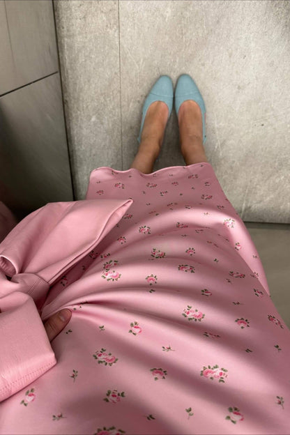 High Waist Satin Print Drape Skirt