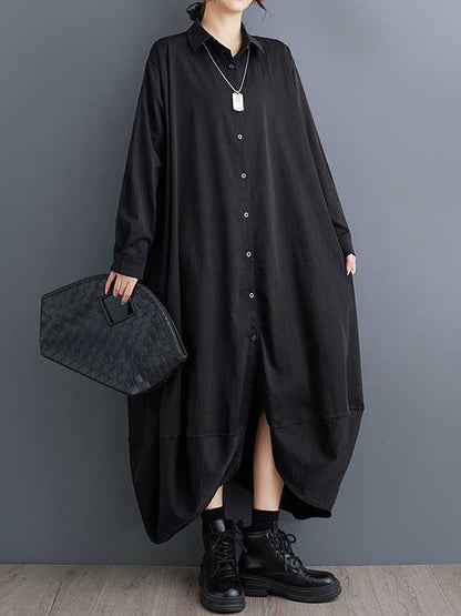 A-line Long Sleeves Buttoned Pockets Color Split-joint Lapel Midi Dresses Shirt Dress