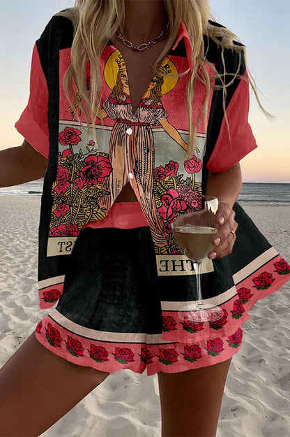 Tarot Print Loose Button Elastic Waist Shorts Set