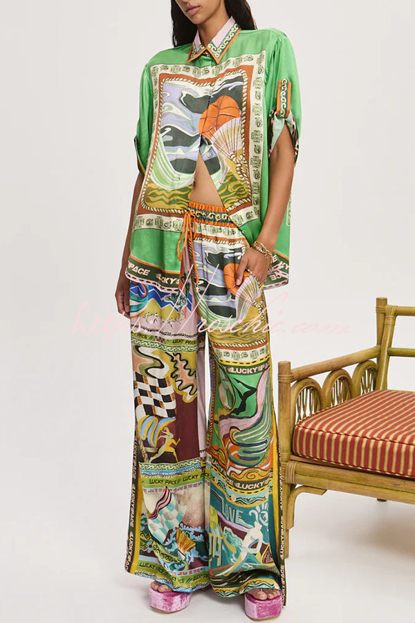 Unique Printed Lapel Short-sleeved Loose Shirt and Elastic Waist Tie Wide-leg Pants Set