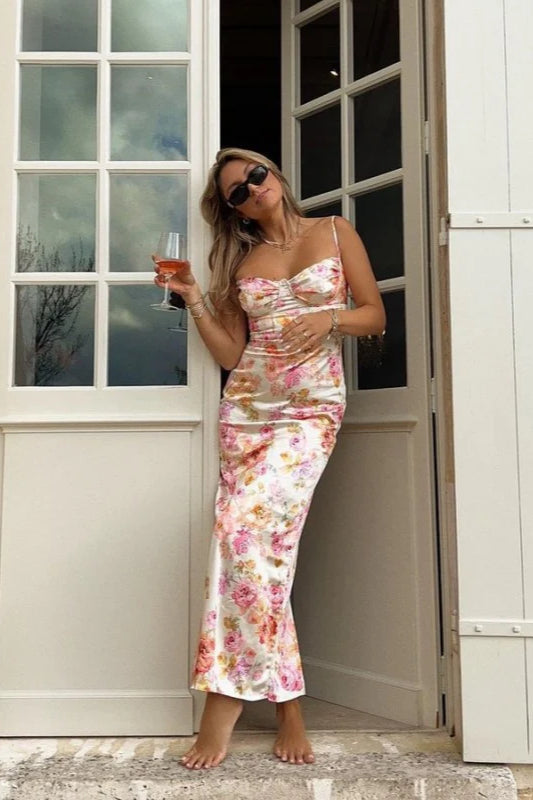 Print Spaghetti Strap V Neck Maxi Dress