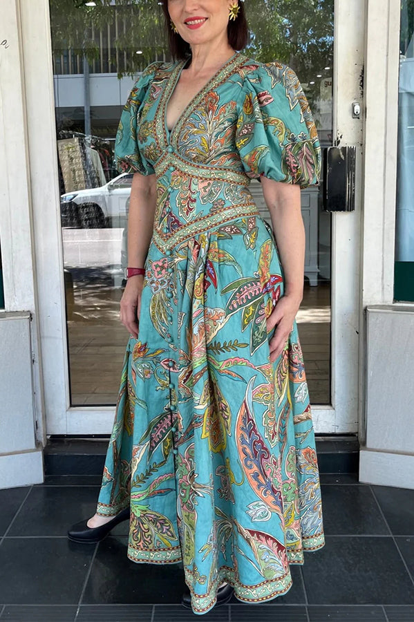 Vacation Linen Blend Unique Print Button Puff Sleeve Pocket Maxi Dress