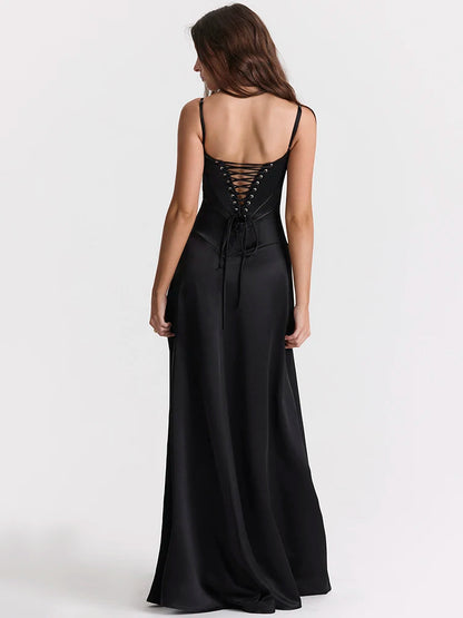 Lace-up Satin Maxi Slipdress Black Spaghetti Strap Sleeveless Backless Maxi Dress Femme Club Party Evening Dress