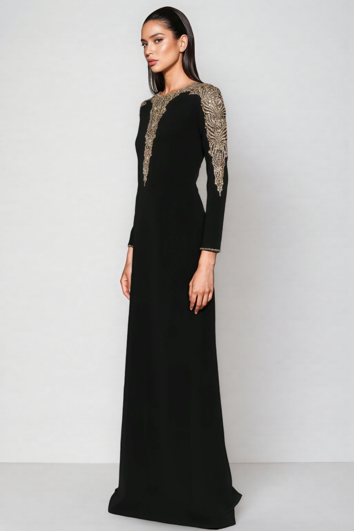 Iontk Black Beaded Diamond Mesh Maxi Dress