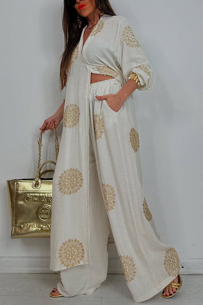 Unique Printed V-neck Long Sleeve Long Shirt and Elastic Waist Pocket Wide Leg Pants Set