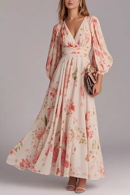 Print Lantern Sleeves V-neck Waist Maxi Dress