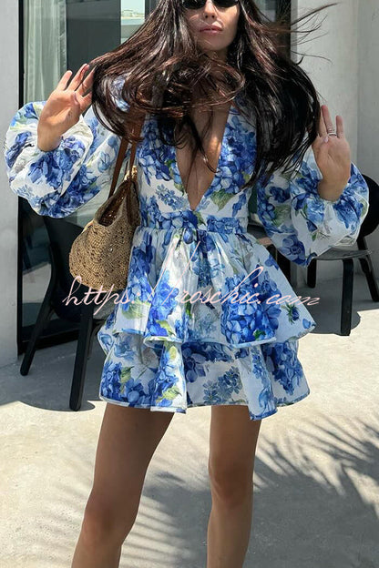 Feminine and Print Deep V-neck Balloon Sleeve Tiered Mini Dress