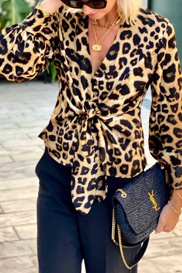 Janae Leopard Print Front Tie-up Lantern Sleeve Blouse