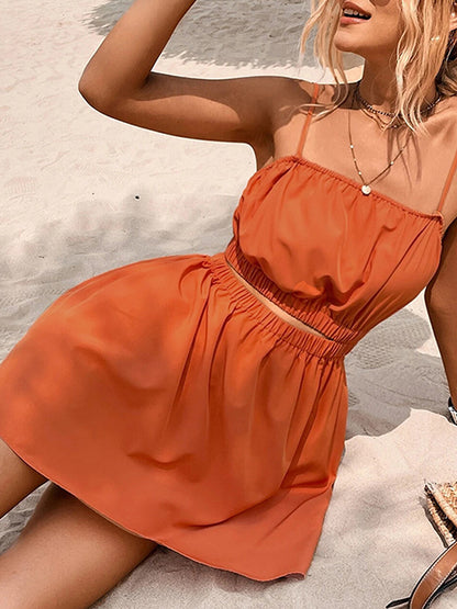 A-line Loose Elasticity Hollow Color Split-joint Spaghetti-neck Mini Dresses