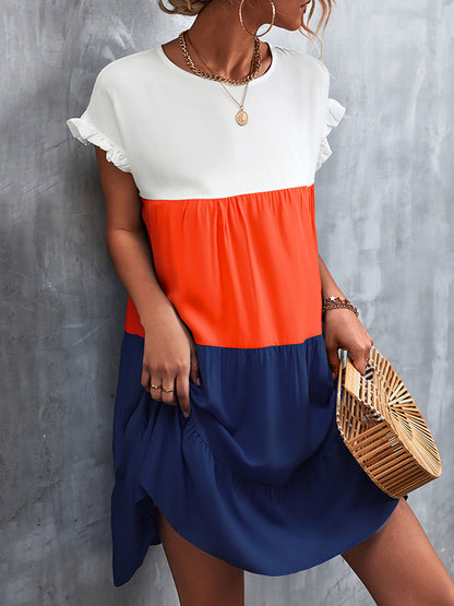 Loose Ruffle Sleeves Contrast Color Falbala Pleated Split-joint Round-neck Mini Dresses