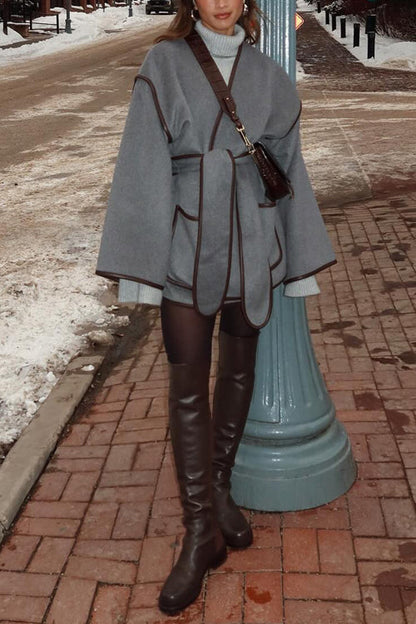 Open Front Pocketed Splice Coat With Belt