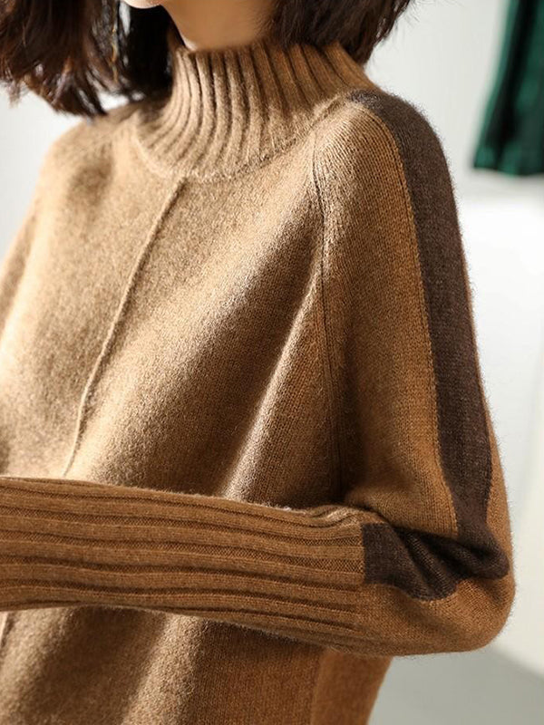 Urban Camel Half Turtleneck Contrast Color Long Sleeve Knit Sweater Dress An1068