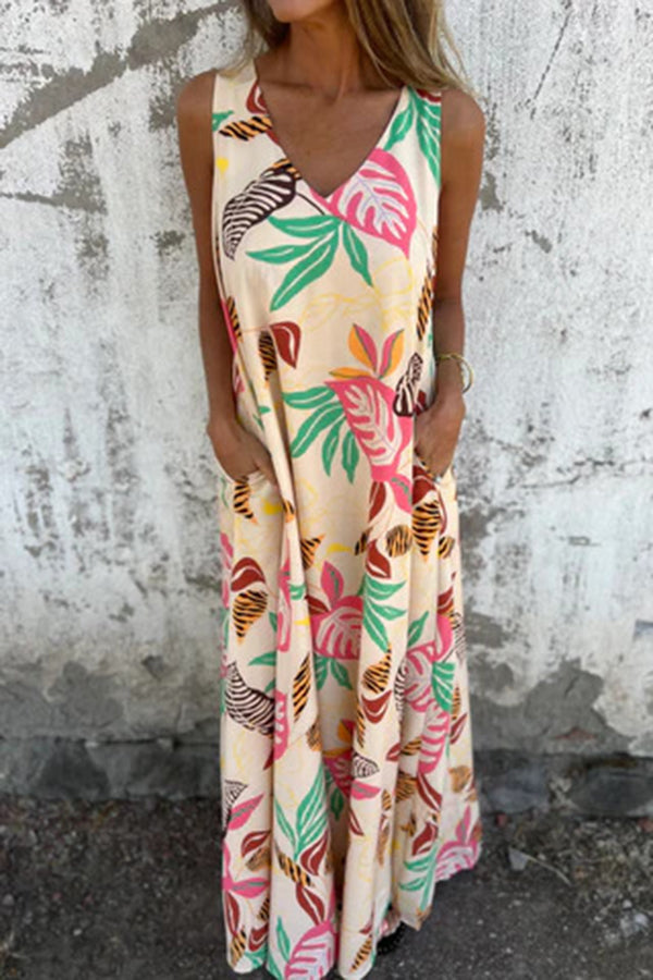 Botanical Print V-neck Pocket Loose Maxi Dress