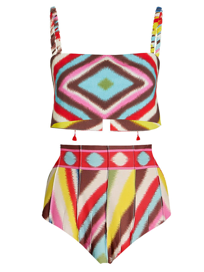 Colorblock Print Bikini Set and Skirt