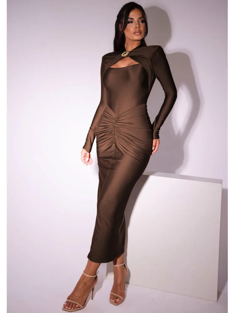 Long Sleeved Elastic Tight Long Dress Bodycon Pleated Party Club Evening Dress Hollowed Out Slim Vestido